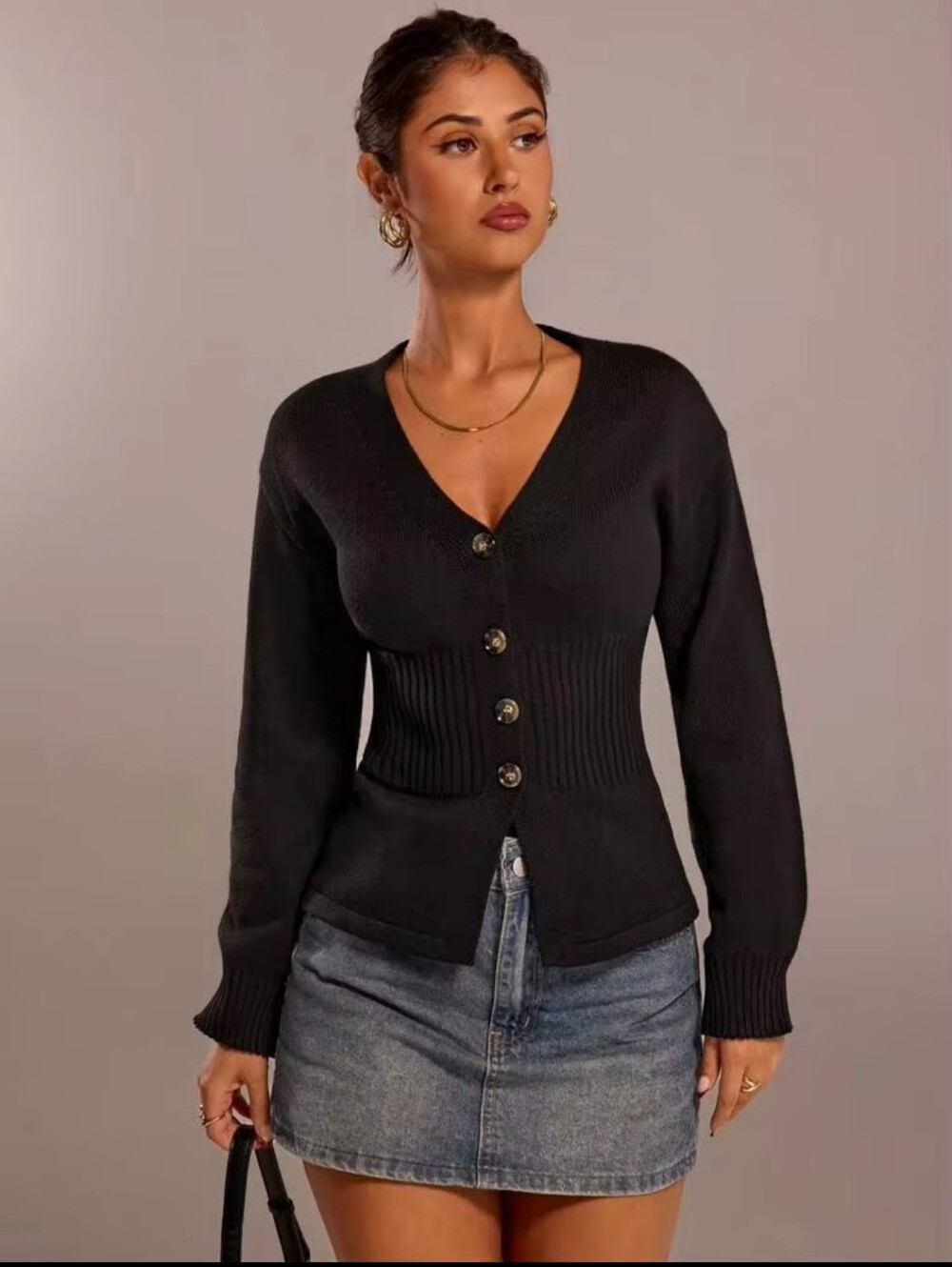 Black V-Neck Buttoned Ribbed Waist Cardigan Medium